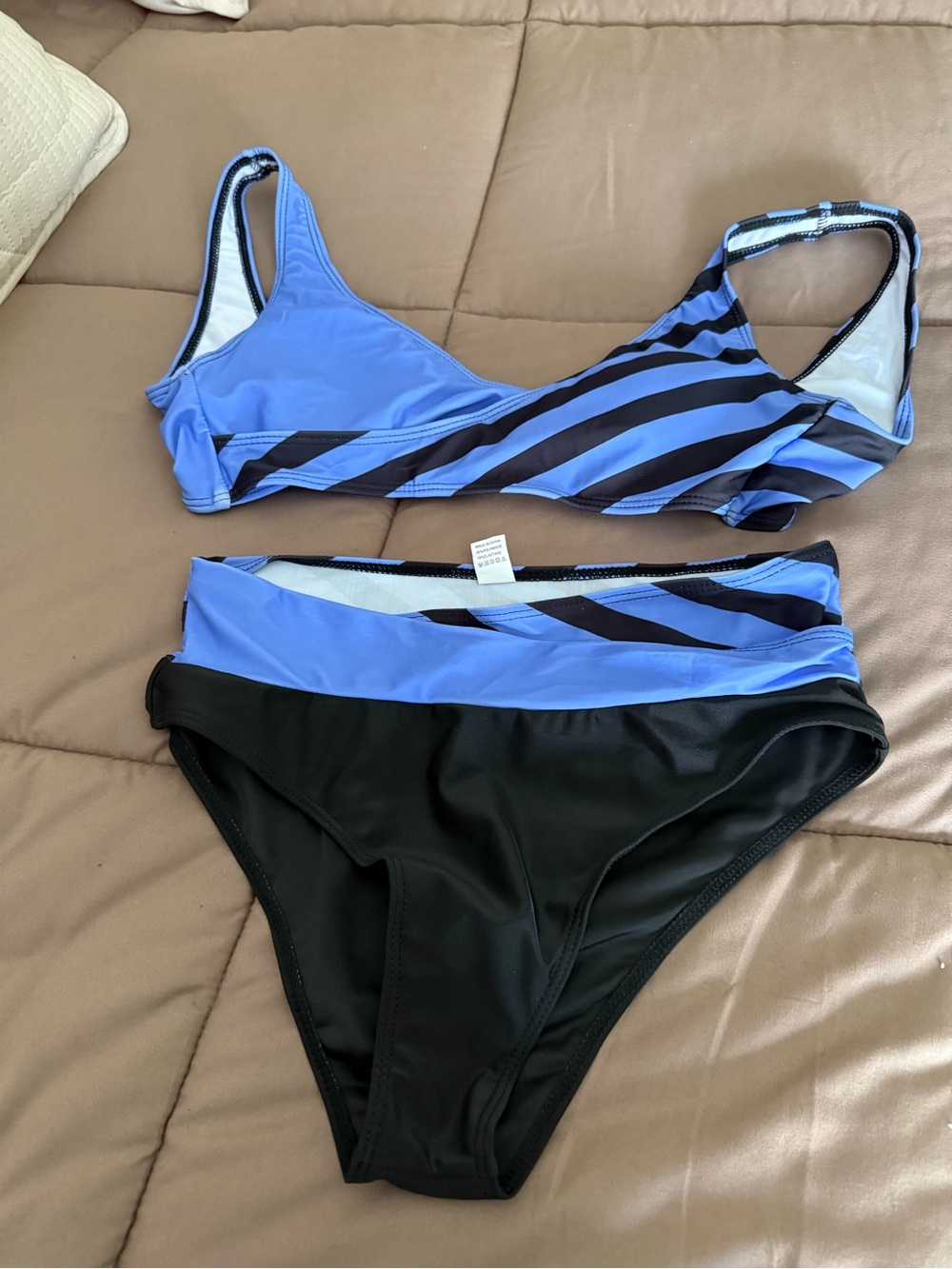 Striped Blue & Black High-Waist Bikini Set